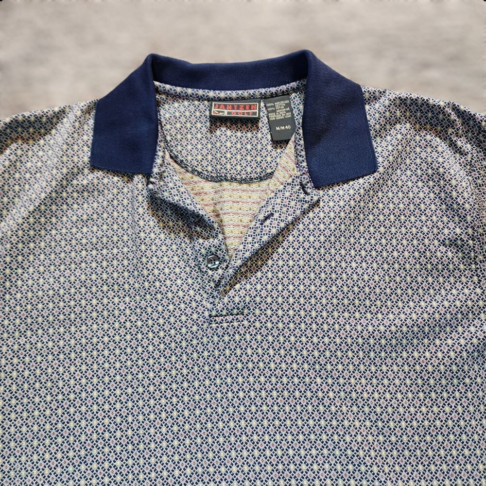Vtg 80s Jantzen Mens Short Sleeve Geometric Golf Polo Shirt Adult Medium Outdoor